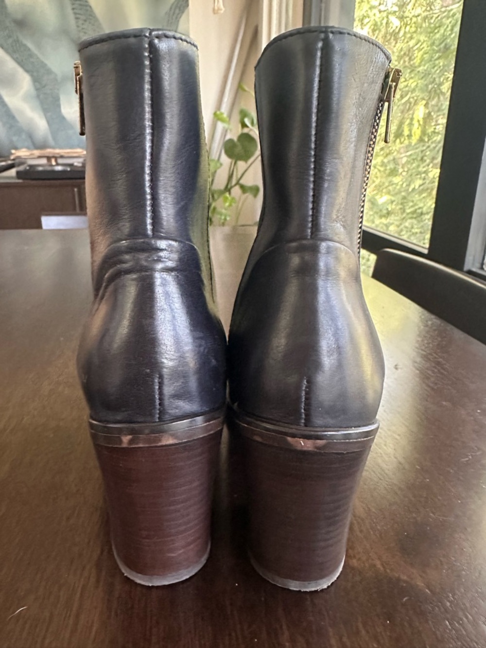 J. Crew Black Leather Ankle Boots stacked wood heel with Gold Zip 8.5 - Picture 4 of 8